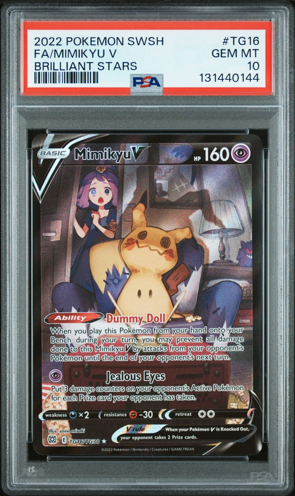 Mimikyu V Pokemon Brilliant Stars Sword & Shield Brilliant Stars TG16 PSA 10