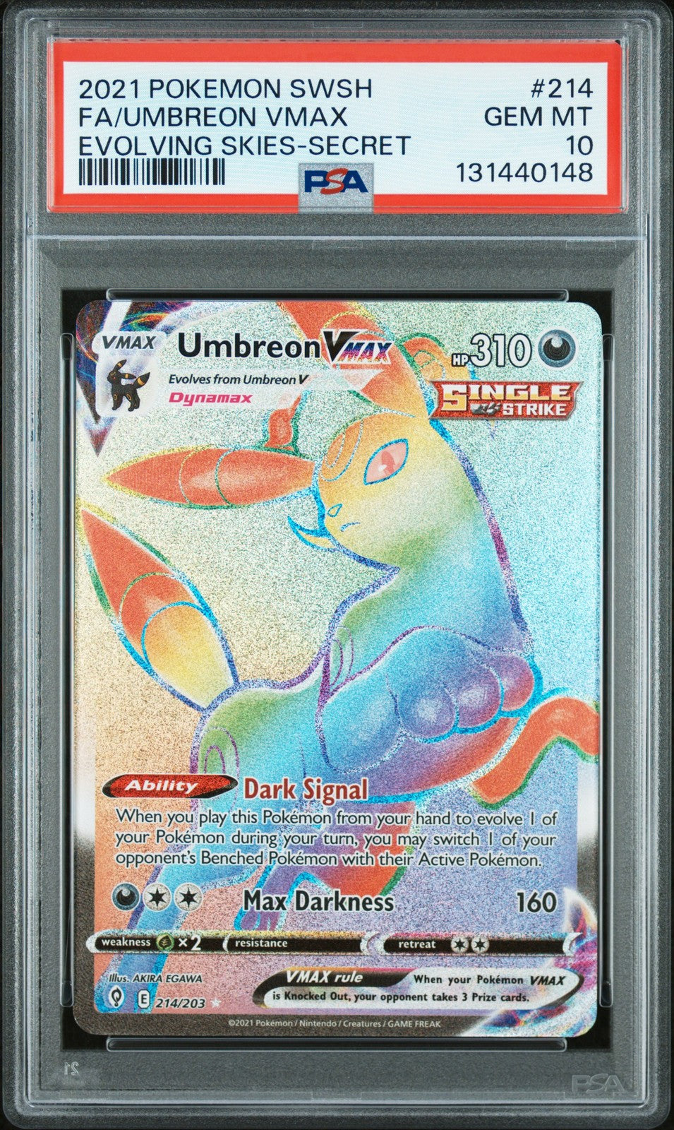 Umbreon 214 Vmax Pokemon Evolving Skies-Secret Sword & Shield Evolving PSA 10